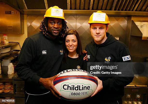 Gail Davis from Sky Sports News together with Joe Simpson and Paul Sackey of London Wasps pose for photos during a photo call to promote the...