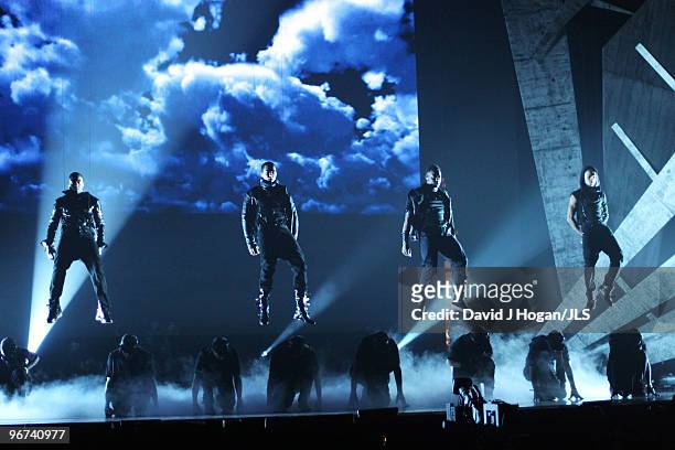 Jonathan 'JB' Gill, Marvin Humes, Ortise Williams and Aston Merrygold of JLS perform at rehearsals for the Brit Awards 2010 held at Earls Court on...
