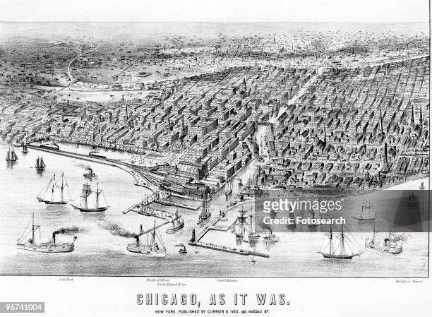 Lithograph depicting 'Chicago, as it was' showing an aerial view of Chicago from above Lake Michigan, showing the city as it looked before the Great...