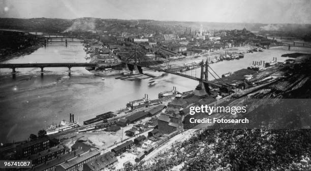 Aerial view across the South Side to the Point, showing the confluence of the Allegheny and Monongahela Rivers, where the Ohio River forms in...