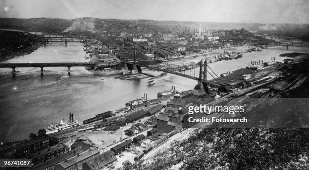 Aerial view across the South Side to the Point, showing the confluence of the Allegheny and Monongahela Rivers, where the Ohio River forms in...