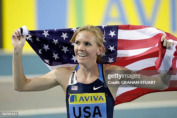 Heidi Dahl celebrates after winning the women's 1500 metres during the Indoor International athletics event at Kelvin Hall, Glasgow, Scotland, on...