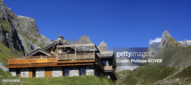 Refuge of la Gliere over Pralognan village, national park of Vanoise, Savoy, Alps, France.