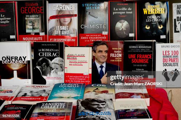 Livre de Christine Kelly 'François Fillon, coulisses d'une ascension' dans la viitrine d'un libraire, le 19 février 2017, Limoux, Aude, France.