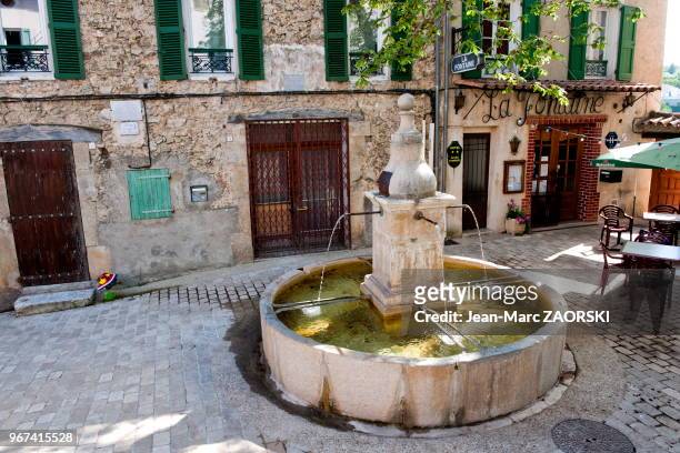 Place principale Arsene Burle avec sa 'grande fontaine' de 1845, village de Saint-Martin-de-Bromes, Alpes-de-Haute-Provence, France.