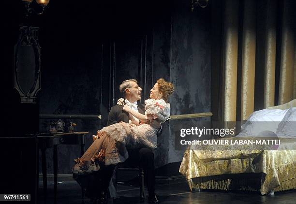 French actor Lambert Wilson and British actress Rebecca Bottone perform during the rehearsal of the play "A Little Night Music" by US composer and...