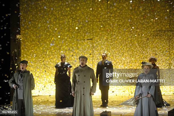 French actor Lambert Wilson and British actress Rebecca Bottone perform during the rehearsal of the play "A Little Night Music" by US composer and...