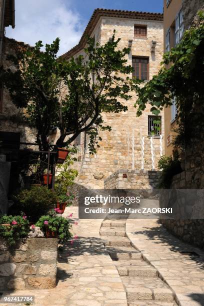 Escalier et ruelle, 28 juin 2014, Carros, Alpes Maritimes, France.