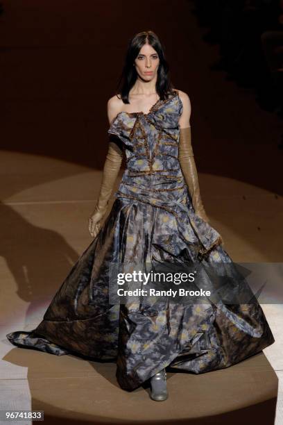 Model wearing Marc Jacobs Fall 2010 during Mercedes-Benz Fashion Week at the NY State Armory on February 15, 2010 in New York City.