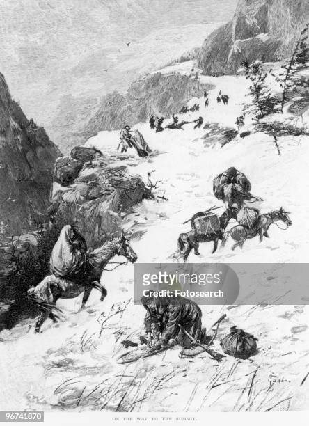 Illustration captioned 'On The Way To The Summit,' depicting the Donner Party, a group of California-bound American emigrants caught up in the...
