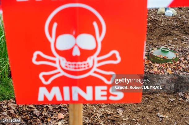 Pancarte de l'association 'Handicap International' pour récolter des fonds afin de lutter contre la prolifération des mines anti-personnelles, le 20...