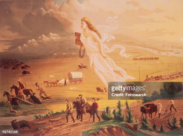 Painting entitled 'American Progress', by John Gast, depicting 'Manifest Destiny' . In 1872 artist John Gast painted a popular scene of people moving...