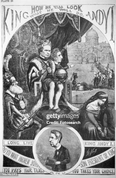 Cartoon by Thomas Nast, 'King Andy,' depicting Andrew Johnson as King with Secretary of State William H. Seward as his grand vizier pointing to the...