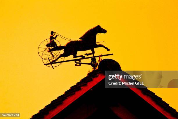 Girouette représentant un cheval de course et un jockey sur un toit, Beuvron en Auge, Calvados, France.