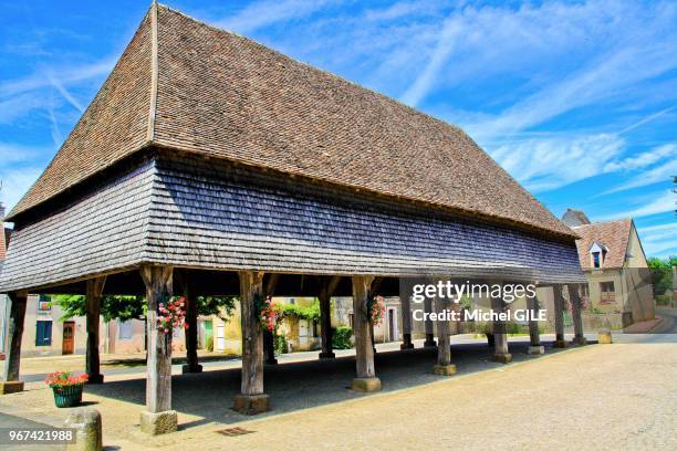 Construites en 1535 par le confesseur et aumonier de Francois 1er, Les halles reposent sur 16 poteaux, René, Sarthe, France.
