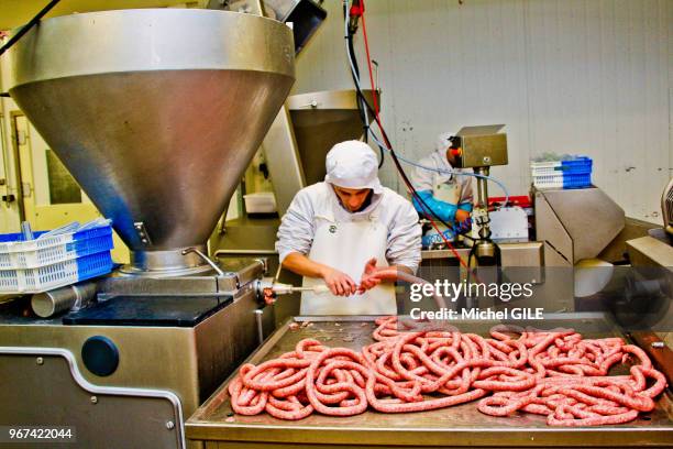 Fabrique de saucisses à l'entreprise Cosme, le 22 Janvier 2015, Le Mans, Sarthe, France.