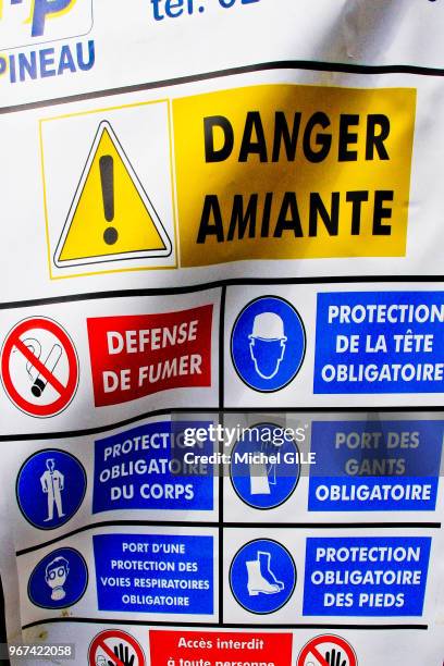 Panneau informant sur un chantier de travaux publics les dangers et les protections obligatoires ainsi que les accès interdits, Le Mans, France.