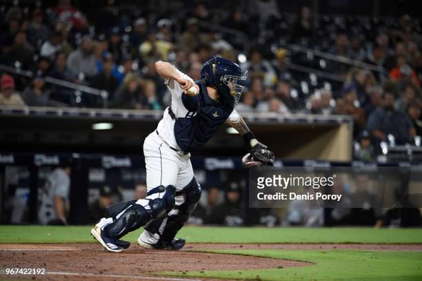Raffy Lopez of the San Diego Padres plays during a baseball game against the Miami Marlins at PETCO Park on May 30, 2018 in San Diego, California.
