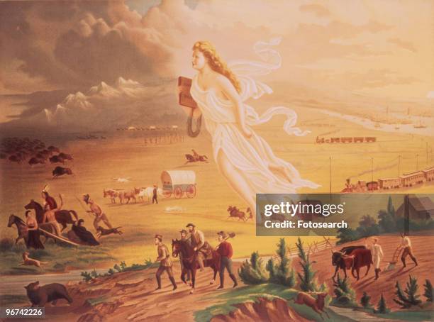 Painting entitled 'American Progress', by John Gast, depicting 'Manifest Destiny' . In 1872 artist John Gast painted a popular scene of people moving...