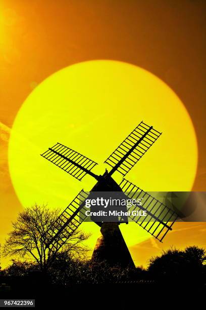 Moulin à vent de l'Herpiniere et soleil couchant, Turquant, Maine et Loire, France.