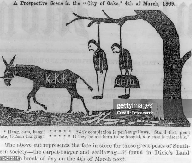 Ku Klux Klan cartoon, with the caption 'A prospective scene in the 'City of Oaks,' 4th of March, 1869. The above cut represents the fate in store for...
