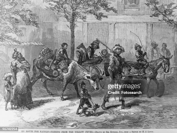 Illustration by Sol Eytinge, with the caption 'En Route For Kansas - Fleeing From The Yellow Fever,' taken from Harper's Weekly, depicting black...