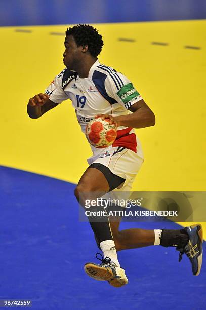 France's Luc Abalo prepares to shoot at Icelandic goal on January 30 during the EHF EURO 2010 Handball Championship semi-final Iceland vs. France in...