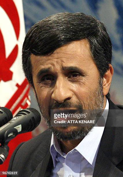 Iranian President Mahmoud Ahmadinejad speaks at a press conference in Tehran on February 16, 2010. Ahmadinejad warned that world powers would regret...