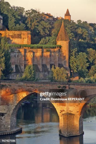 La ville d'Albi, detail du pont Vieux sur le Tarn montrant la pile centrale qui porte une croix en fer forge, a l'arriere-plan detail de la courtine...