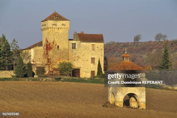 Paysage de l'Albigeois, batiment avec tour amenagee en pigeonnier, pigeonnier traditionnel sur arcades au premier plan, environs de Cordes-sur-Ciel,...