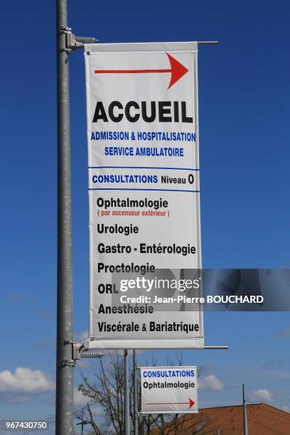 Panneau avec une flèche rouge 'Accueil, admission & hospitalisation, service ambulatoire' d'une clinique, Limoges, France.