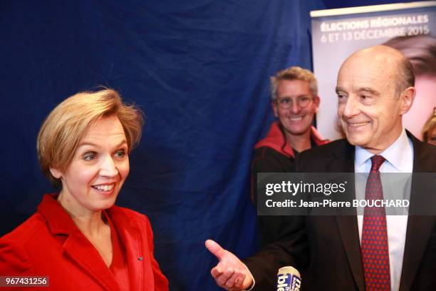 Virginie Calmels et Alain Juppé au soir des résultats des élections régionales pour la région Aquitaine Limousin Poitou-Charentes, 13 décembre 2015,...