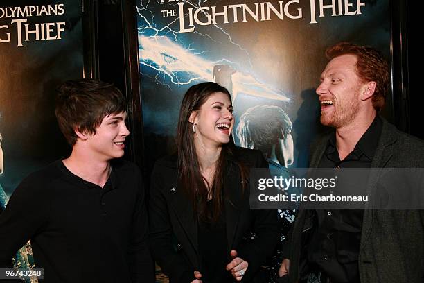 Logan Lerman, Alexandra Daddario and Kevin McKidd at The Percy Jackson Sunset Strip World's First "Lightning Billboard" on October 28, 2009 in Los...