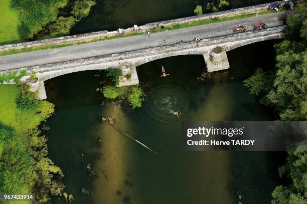 Aerial view of Brehemont bridge on Loire river on July 31, 2009 in Indre et Loire Department, Centre Region, France.