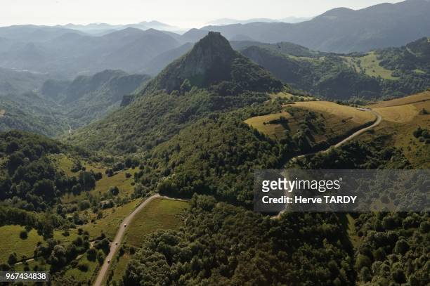 Aerial view of landscape between Montferrier and Montsegur on D9 road on July 16, 2009 in Ariege Department, Midi-Pyrenees Region, France.