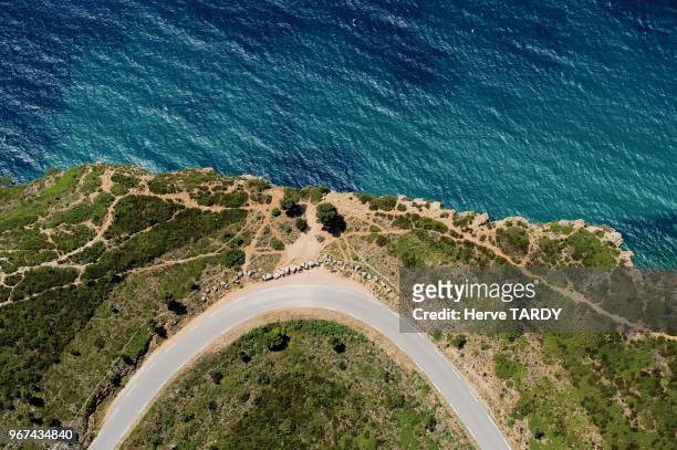 Aerial view of D141 road on May 27, 2009 between Cassis and La Ciotat, in Cap Canaille on Bouches-du-Rhone Department, Provence-Alpes-Cote-D'Azur,...