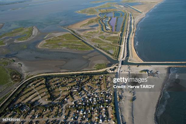 Aerial view of D570 road in Camargue on July 18, 2009 in Bouches-du-Rhone Department, Provence-Alpes-Cote d'Azur Region, France.