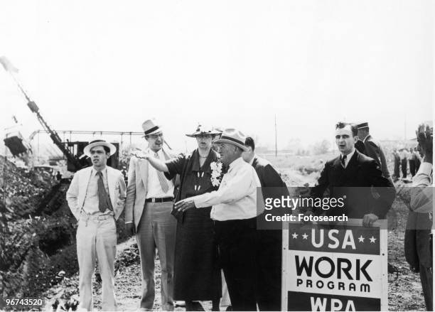 American First Lady Eleanor Roosevelt tours a Works Progress Administration survey in progress, Des Moines, Iowa, June 8, 1936. During the Great...