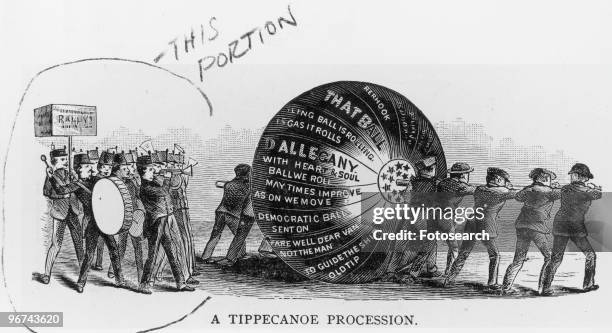 Political cartoon with the caption 'A Tippecanoe Procession.' The cartoon, taken from 'Perley's Reminiscences,' by Benjamin Perley Poore, depicts a...