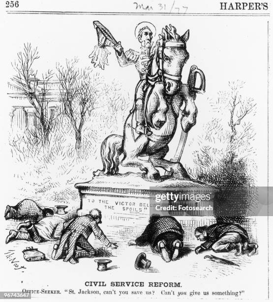 Political cartoon by Thomas Nast with the caption ', can't you save us? Can't you give us something?' The cartoon, taken from Harper's magazine,...