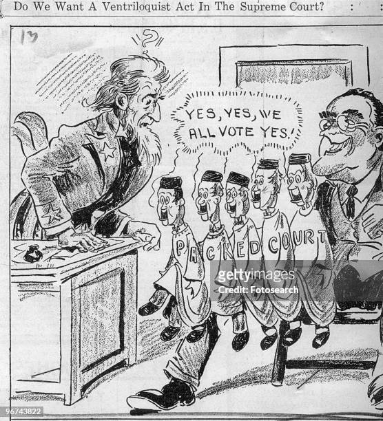 Political cartoon with the caption 'Do We Want A Ventriloquist Act In The Supreme Court?' The cartoon, a criticism of FDR's New Deal, depicts...