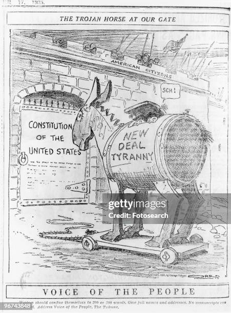 Political cartoon, by Carey Orr, with the caption 'The Trojan Horse At Our Gate,' for the Voice Of The People, depicting the Trojan Horse labeled...
