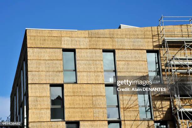 Isolation thermique par l'exterieur avec un bardage en chaume recouvrant les panneaux de laine de verre sur le chantier d'un batiment en...