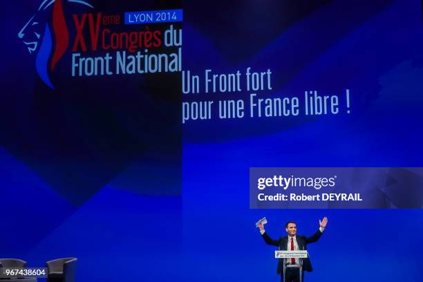 Florian Philippot vice-président du 'Front National' chargé de la stratégie et de la communication lors d'un discours au XVème congrès du 'Front...