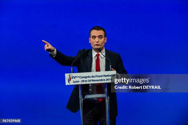 Florian Philippot vice-président du 'Front National' chargé de la stratégie et de la communication lors d'un discours au XVème congrès du 'Front...