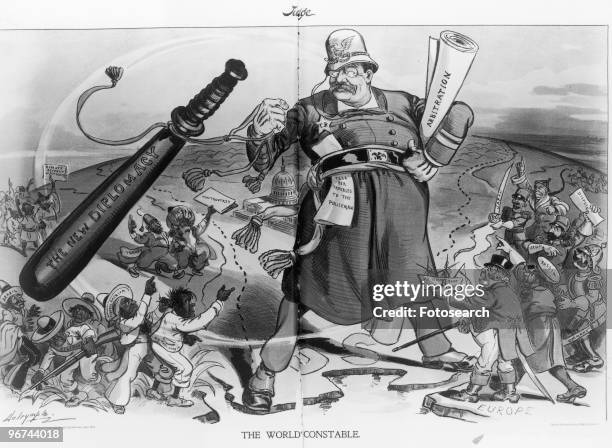 Political cartoon by Louis Dalrymple depicting Theodore Roosevelt as 'The World's Constable,' standing between Europe and Latin America with a...