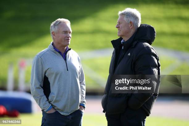 Selector Grant Fox and NZR CEO Steve Tew during a New Zealand All Blacks training session at Mt Smart Stadium on June 5, 2018 in Auckland, New...
