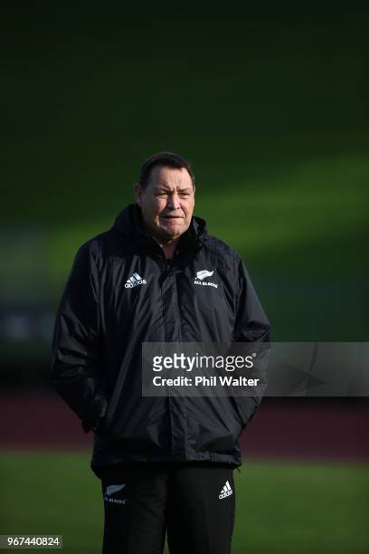 All Black coach Steve Hansen during a New Zealand All Blacks training session on June 5, 2018 in Auckland, New Zealand.