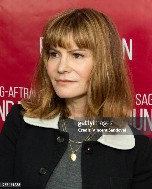 Actress Jennifer Jason Leigh attends SAG-AFTRA Foundation Conversations with "Patrick Melrose" at SAG-AFTRA Foundation Screening Room on June 4, 2018...