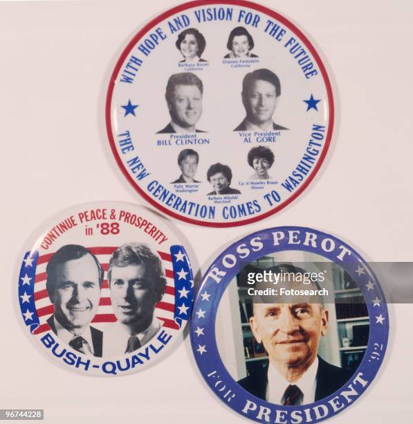Badges for the 1988 ial Election, the badges feature the candidates Bill Clinton and Al Gore , George Bush and Dan Quayle , and Ross Perot. USA,...